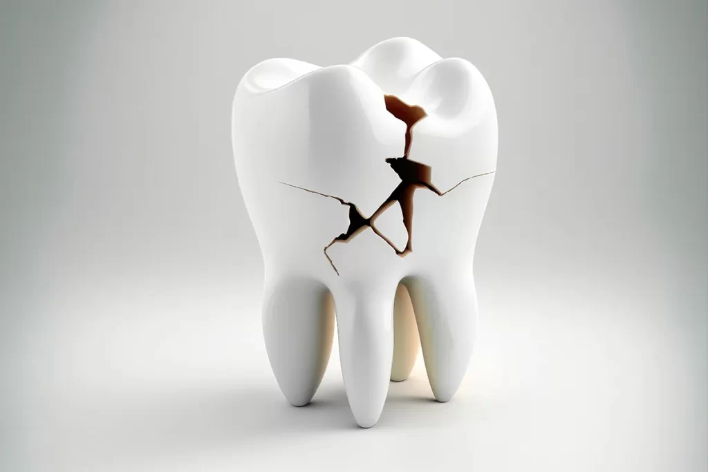 Fake tooth with large crack and broken pieces.